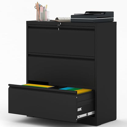 File Cabinet with Lock, 3 Drawer Lateral Filing Cabinet for Home Office, Black Metal Heavy Duty File Cabinets for Hanging Letter/Legal/F4/A4 Size Files, Assembly Required