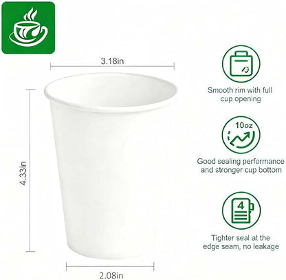 50 Pack 10 oz Coffee Cups - Leakproof & Sturdy Disposable Paper Cups for Hot & Cold Drinks (BPA Free), Bulk White Paper Cups for Office, Home, Cafe, Party, Events