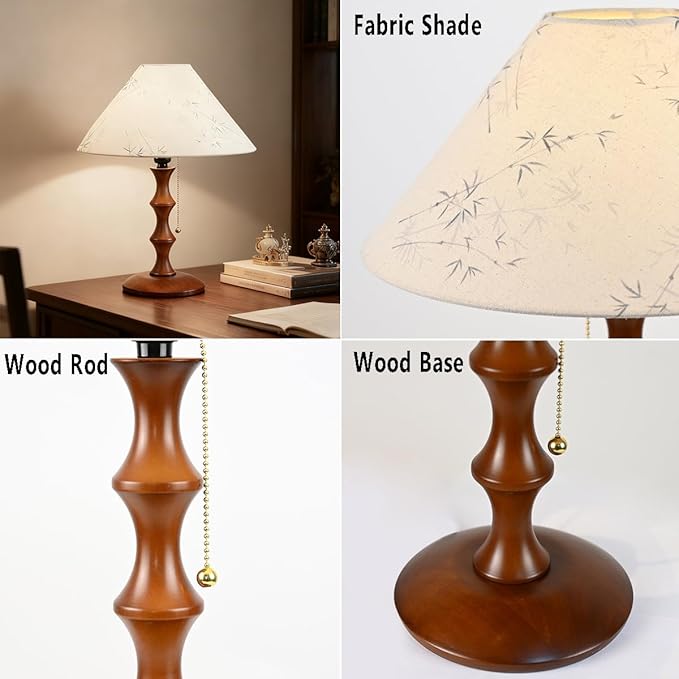Retro Side Table Lamp Rustic Bedside Lamp with Pull Chain Switch and Linen Shade Farmhouse Nightstand Lamp Wood Desk Lamp for Bedroom Living Room Office Study