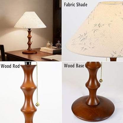 Retro Side Table Lamp Rustic Bedside Lamp with Pull Chain Switch and Linen Shade Farmhouse Nightstand Lamp Wood Desk Lamp for Bedroom Living Room Office Study