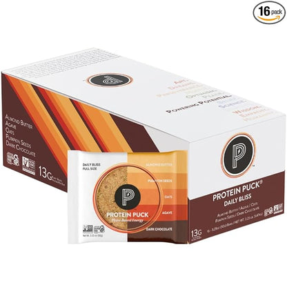 Protein Puck Plant Based Bars | Snacks with Vegan Protein | 16 Count | 3.25 oz Full Size | Gluten Free, Non Dairy, Kosher Certified Non GMO Premium Healthy Bars | Daily Bliss