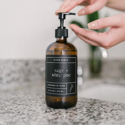 River Birch Sage + White Pine Scented Natural Hand Soap - Handmade Soap - Moisturizing Hand Wash with Amber Glass Dispenser - Luxury Scented and Hydrating - Vegan and Non-Toxic - 16 Fl Oz
