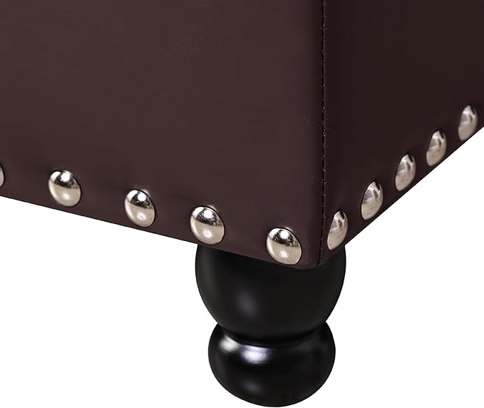 Adeco 23" Faux Leather Storage Ottoman Bench, Dark Brown Rectangular Ottoman Bench