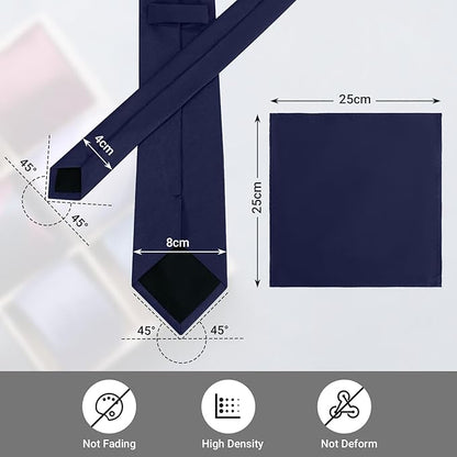 Black Tie Set in Gift Box Mens Solid Color 3.15" (8CM) Black Necktie and Pocket Square Set