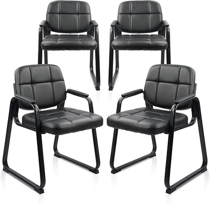 CLATINA Waiting Room Guest Chair with Bonded Leather Padded Arm Rest for Office Reception and Conference Desk Black with Sled Base 4 Pack