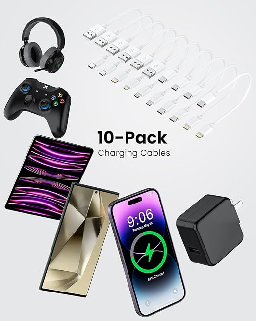 [0.75FT, 10-Pack] Multi Short USB Charging Cables, Fast Charge & Sync Type-C/Lightning/Micro Cords Bulk for Charging Station Compatible with iPhone16&15, iPhone5-14, iPads, Mobiles, Tablets, White