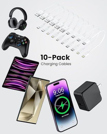 [1FT, 10-Pack] Multi Short USB Charging Cables, Fast Charge & Sync Type-C/Lightning/Micro Cords Bulk for Charging Station Compatible with iPhone16&15, iPhone5-14, iPads, iPods, Mobiles, Tablets, White