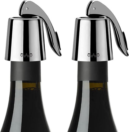 OWO Stainless Steel Wine Bottle Stopper, Reusable Wine Saver with Silicone Seal, Decorative Bottle Sealer, Keeps Fresh (Metal Black, 2 Pack)