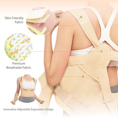 Posture Corrector for Women & Men, Adjustable Back Brace with Full Back & Shoulder Support, Spine Alignment for Upper Back Pain Relief, Scoliosis & Hunchback(Beige,Large)