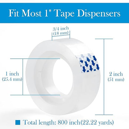 72 Rolls Clear Tape, Transparent Tape Refills for Dispenser, 1 Inch Core, 3/4 x 800 Inches, Strong Adhesive for Gift Wrapping, Office, School, Home, Desk Supplies & Crafts