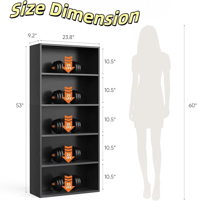 5 Tier Book Shelf, Tall Display Bookcase Modern Wood Bookshelf, 5 Shelf Bookcase Storage Organizer for Garage Kits/CDs/Books/Movies, Black Bookshelf for Home Office Living Room