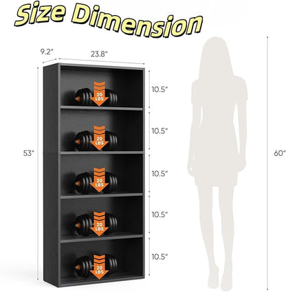 5 Tier Book Shelf, Tall Display Bookcase Modern Wood Bookshelf, 5 Shelf Bookcase Storage Organizer for Garage Kits/CDs/Books/Movies, Black Bookshelf for Home Office Living Room