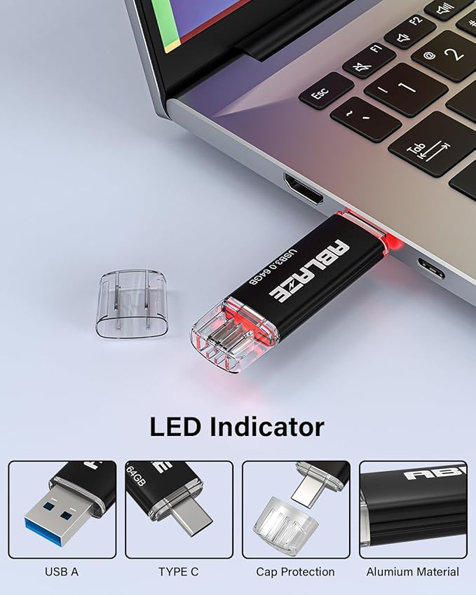 ABLAZE Type C Flash Drive 64GB, Dual USB 3.0+ USB C Flash Drive Compatible with iPhone 16/15,Android Smartphone,Computer,Tablet Mac Laptop