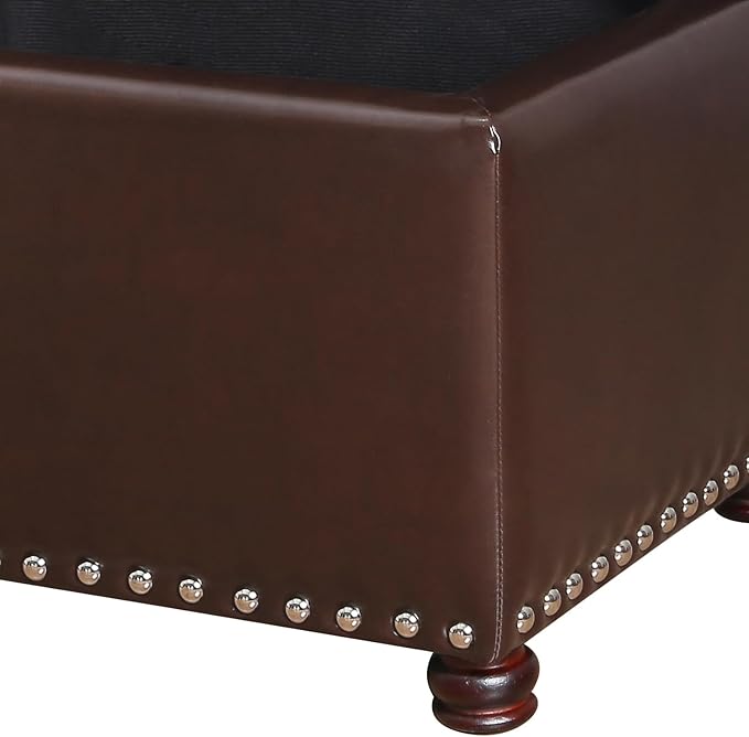 Adeco Bonded Leather Square Tufted Storage Footstool, 18" ottoman, Dark Brown