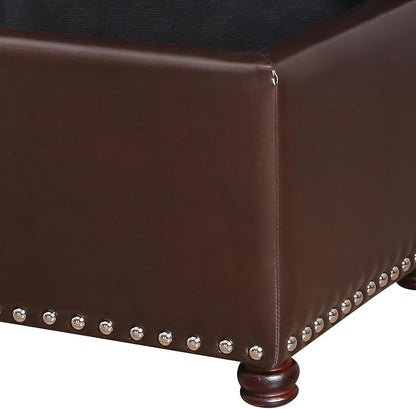 Adeco Bonded Leather Square Tufted Storage Footstool, 18" ottoman, Dark Brown