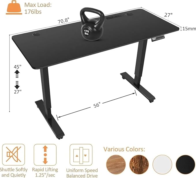 Electric Standing Desk 71 x 27 Inches Adjustable Height Sit Stand Up Desk for Home Office Computer Workstation with 2 USB Ports 3 AC Power Outlets Memory Preset and Wheels, Black