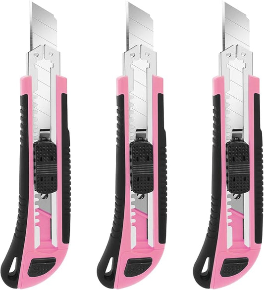 3-Pack Box Cutter, 18mm Wide Blade Utility Knife Retractable, Pink Box Cutter with Quick Change Blade and Lanyard Hole Design, Exacto Knife Suitable for DIY, Office, Arts Crafts and Home