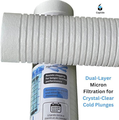 Universal Cold Plunge 30 Micron filter. Designed to be Non-clogging. Replacement cartridge for any 2.5" x 10" cold plunge canister. 6 months supply. 6-pack