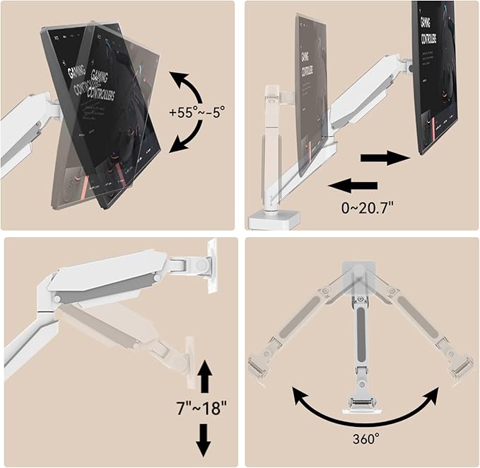 White 45 Premium Aluminum Heavy Duty Monitor Arm, Fits Ultrawide up to 49 inches and 44 lbs Single Desk Mount Stand, Pneumatic Height Adjustable, Max VESA 100x100, A9W