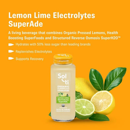 Organic Lemon Lime Electrolytes SuperAde Drink, Effective Hydration, SuperFood Lemonade by Sol-ti, Cold-Pressed Juice Blend, 16 Pack (14.9 Fl oz)