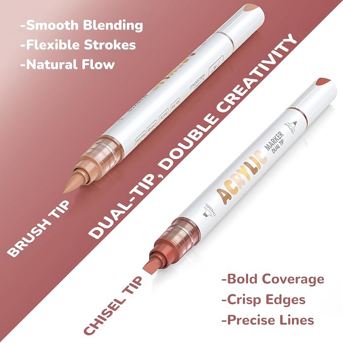Guangna 12 Red Brown Dual Tip Acrylic Paint Markers, Brush Tip & Chisel Tip Acrylic Paint Pens for Pumpkin Paint, Rock, Wood, Glass, Paper, Coloring Book, Ceramic, Canvas, Water-Based Ink