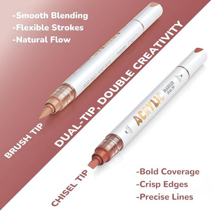 Guangna 12 Red Brown Dual Tip Acrylic Paint Markers, Brush Tip & Chisel Tip Acrylic Paint Pens for Pumpkin Paint, Rock, Wood, Glass, Paper, Coloring Book, Ceramic, Canvas, Water-Based Ink