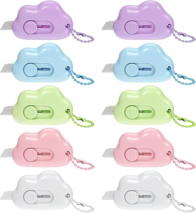 Cloud Shaped Retractable Box Cutter Set - 10 Pack Mini Utility Knife Letter Opener Envelope Slitter, Small Package Opener Paper Cutters with Keychain Hole