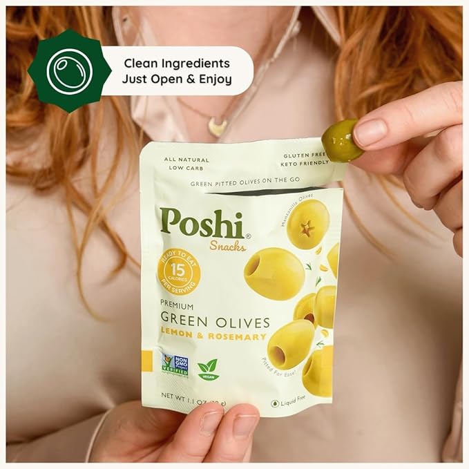 POSHI Green Pitted Olives - Lemon & Rosemary | Vegan, Kosher, Gluten Free + Keto Friendly, Fresh, All Natural Low Calorie Healthy Snacks | (30 Pack, 1.1oz Bags)