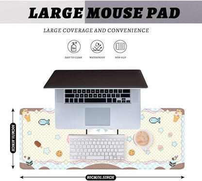 Pixel Cat Desk Mat Cute Kawaii Cartoon Cake Kitten Extended Gaming Mouse Pad Mat with Stitched Edge Non-Slip Base Big Mousepad 31.5"x11.8"