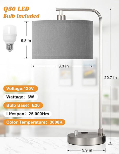 Gray Side Table Lamp with USB Port and Outlet, Dimmable Nightstand Bedside Lamps with Linen Lampshade, Desk Lamp for Bedroom, Living Room, Guest Room, Home Office, LED Bulb Included
