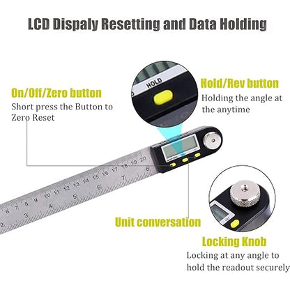 Delgada 8 inch/200mm Digital Angle Finder Ruler - Stainless Steel Protractor for Woodworking and Construction - Battery Included