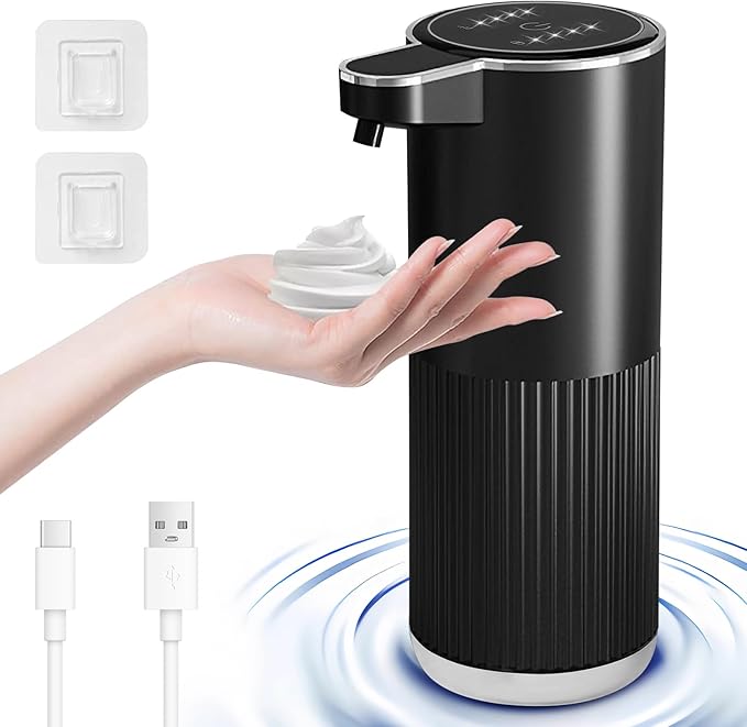 Automatic Foaming Soap Dispenser, 12.2oz/360ml Rechargeable Touchless Hand Soap Dispenser, 4 Level Adjustable with Display, Waterproof Wall Mounted Soap Dispenser for Bathroom Kitchen, Black