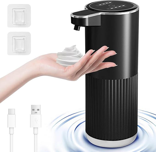 Automatic Foaming Soap Dispenser, 12.2oz/360ml Rechargeable Touchless Hand Soap Dispenser, 4 Level Adjustable with Display, Waterproof Wall Mounted Soap Dispenser for Bathroom Kitchen, Black