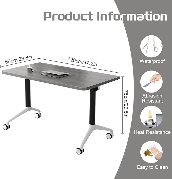 Conference Table,Folding Conference Table with Silent Wheels,Rectangular Business Conference Room Table,for Reception Offices Classrooms Meeting Training Room (4, Grey, 47.2in)
