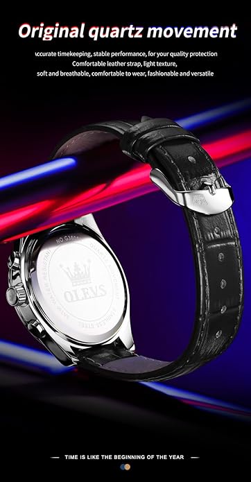OLEVS Men's Leather Analog Quartz Watch - Luxury Chronograph Wristwatch With Date, Waterproof, Luminous - Dress Style