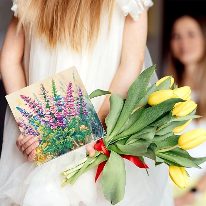 6PCS Diamond Art Painting Greeting Cards,Happy Birthday Cards with Envelopes,DIY Card Making Kits Thank You Card Arts Crafts for Birthday(Flower)