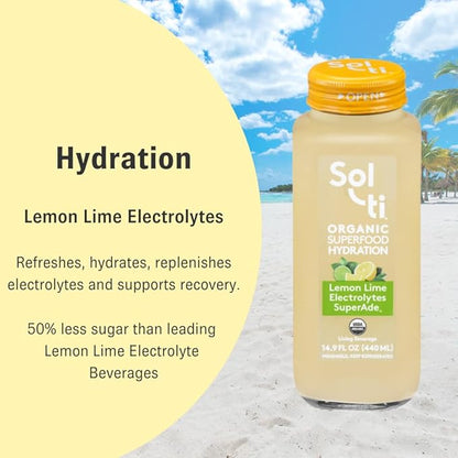 Organic Lemon Lime Electrolytes SuperAde Drink, Effective Hydration, SuperFood Lemonade by Sol-ti, Cold-Pressed Juice Blend, 16 Pack (14.9 Fl oz)