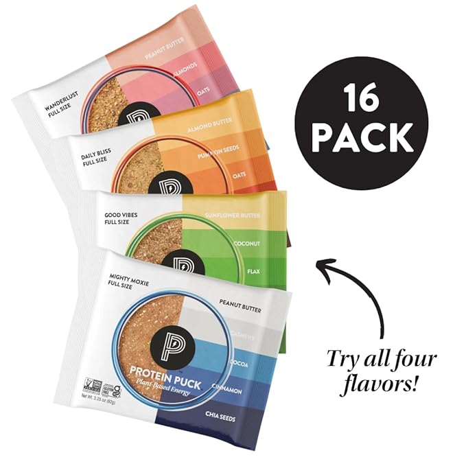 Protein Puck Plant Based Bars | Snacks with Vegan Protein | 16 Count | 3.25 oz Full Size | Gluten Free, Non Dairy, Kosher Certified Non GMO Premium Healthy Bars | Variety Pack