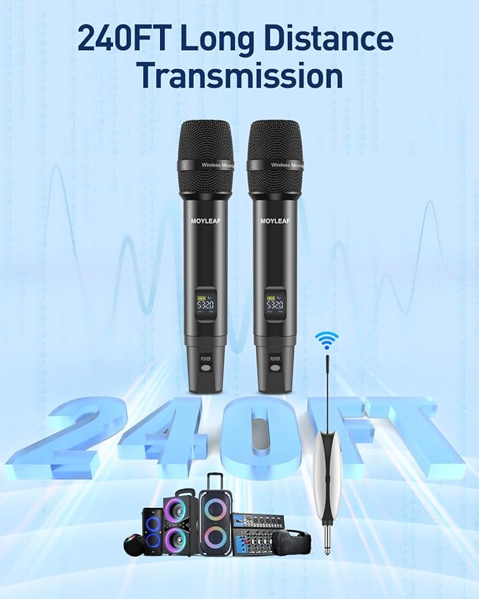 Wireless Microphone, UHF Metal Rechargeable Wireless Microphone, Rechargeable Receiver, 1/4 "Output with 1/8" Output, Suitable for Karaoke Singing, Speeches, Churches,Meetings, Weddings, 240 Ft.