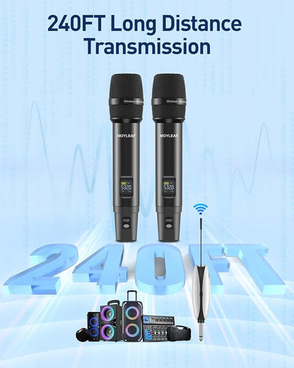 Wireless Microphone, UHF Metal Rechargeable Wireless Microphone, Rechargeable Receiver, 1/4 "Output with 1/8" Output, Suitable for Karaoke Singing, Speeches, Churches,Meetings, Weddings, 240 Ft.