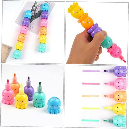 NUOBESTY 2 Sets Octopus-shaped Pastel Highlighter Pens with Single Tip Fluorescent Ink for Note Taking and School Supplies Cute Stackable Markers for Students Classroom Use