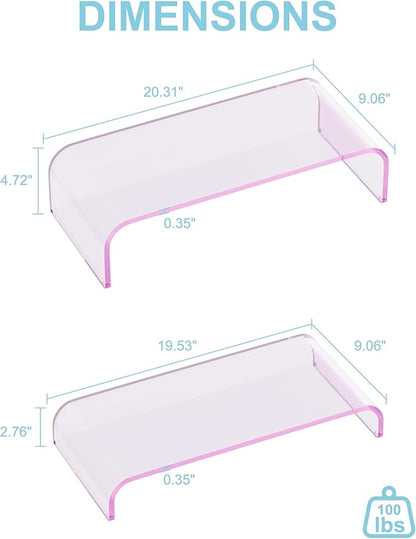Acrylic Dual Monitor Stand Riser 2 Tier, Modular Laptop Stand for Desk, Multifunctional Desktop Organizer Shelf for PC, iMac, Printer, Detachable Monitor Stand for Office or Home, Pink