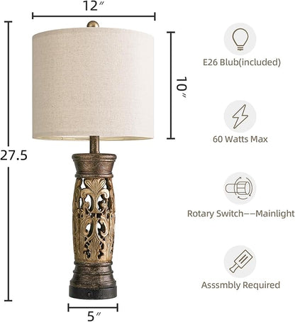BOBOMOMO 27.25” Antique Gold Table Lamps Set of 2 – Farmhouse Bedside Lamps with Night Light & USB A+C Ports, Vintage Lamps for Bedroom, Living Room, Entryway, Nursery, Reading Nook(Bulbs Included