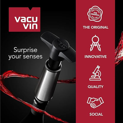 Vacu Vin Wine Saver Pump Gray with Vacuum Wine Stopper - Keep Your Wine Fresh for up to 10 Days - 1 Pump 4 Stoppers - Reusable - Made in the Netherlands
