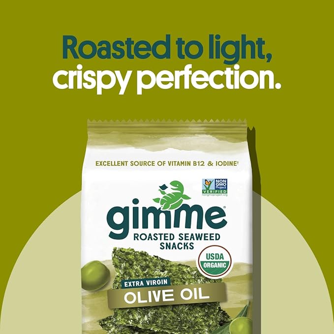 Gimme Seaweed Organic Premium Roasted Seaweed Snacks, Extra Virgin Olive Oil, 12 Count Sharing Size, Keto, Vegan, Gluten-Free, Source of Omega3s & Iodine, Healthy On-The-Go Snack for Kids & Adults