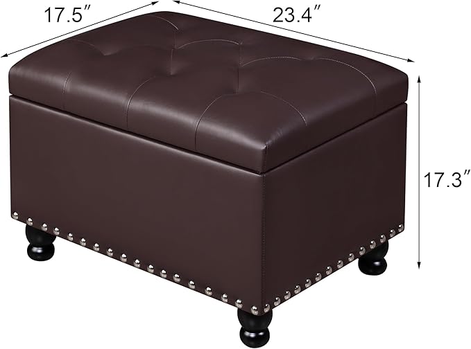 Adeco 23" Faux Leather Storage Ottoman Bench, Dark Brown Rectangular Ottoman Bench