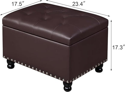 Adeco 23" Faux Leather Storage Ottoman Bench, Dark Brown Rectangular Ottoman Bench
