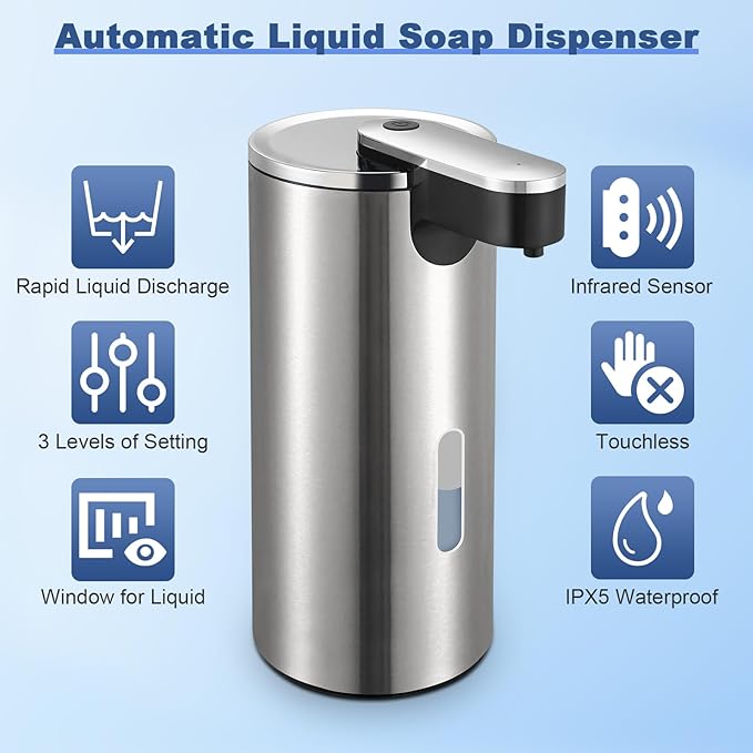 2 Pack Automatic Soap Dispenser Touchless, Stainless Steel Motion Sensor Pump 12oz - Hands-Free for Kitchen Bathroom Sink, Waterproof (Silver)