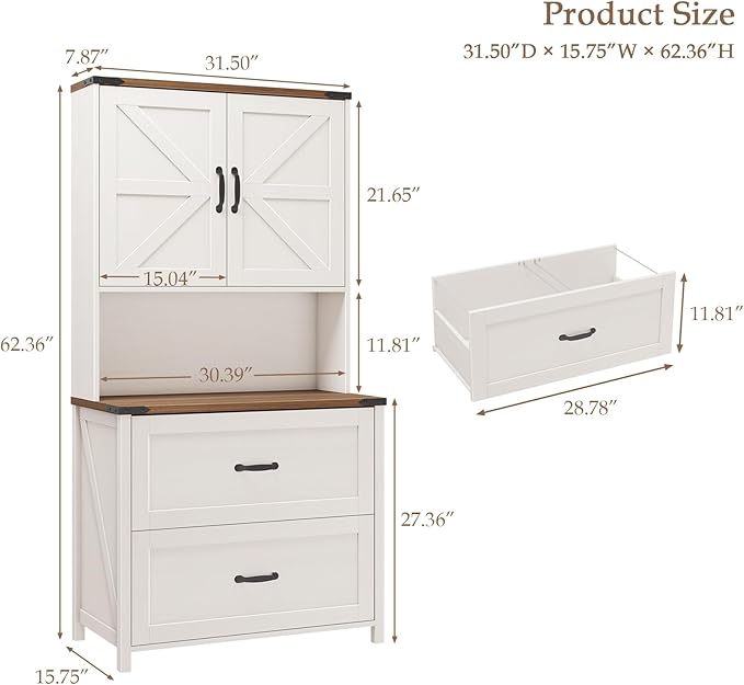 File Cabinet with 2 Drawer for Legal/Letter/A4 Size Hanging Files, Farmhouse Filing Cabinet with Adjustable Shelf, Large Wood File Cabinets for Home Office Printer Stand with Bookshelf, White