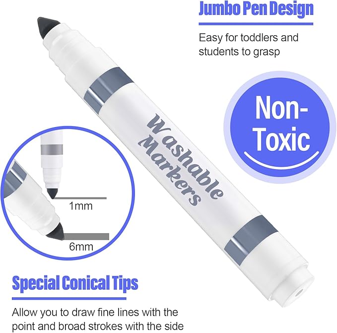 Janlaugh 36 Pcs Gray Washable Markers Bulk Coloring Broad Line Markers for Kids Gray Conical Tip drawing pen for School Supplies, travel Art baby shower gender reveal party Supplies, Ages 6+